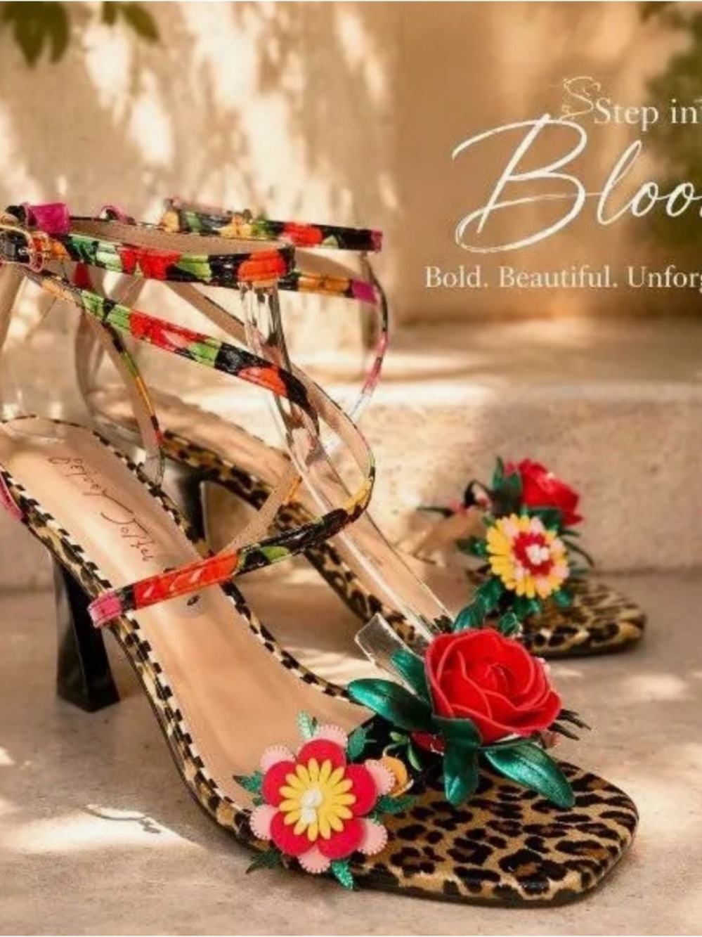 Betsey Johnson Floral Strappy Leopard-Print Heeled Sandals - Red/Pink/Green